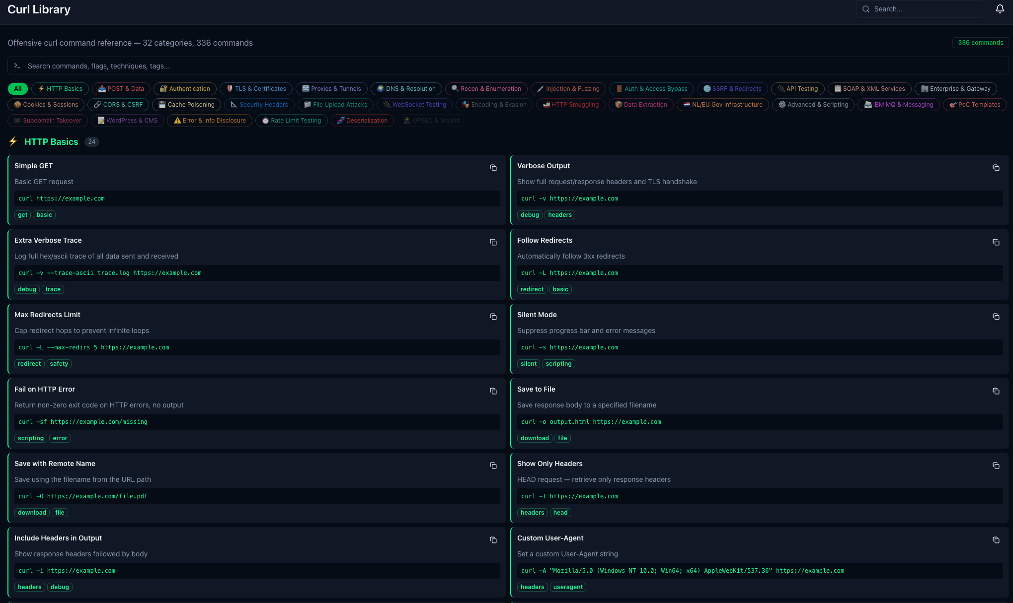 Spectre Curl Library — 336 offensive curl commands across 32 categories