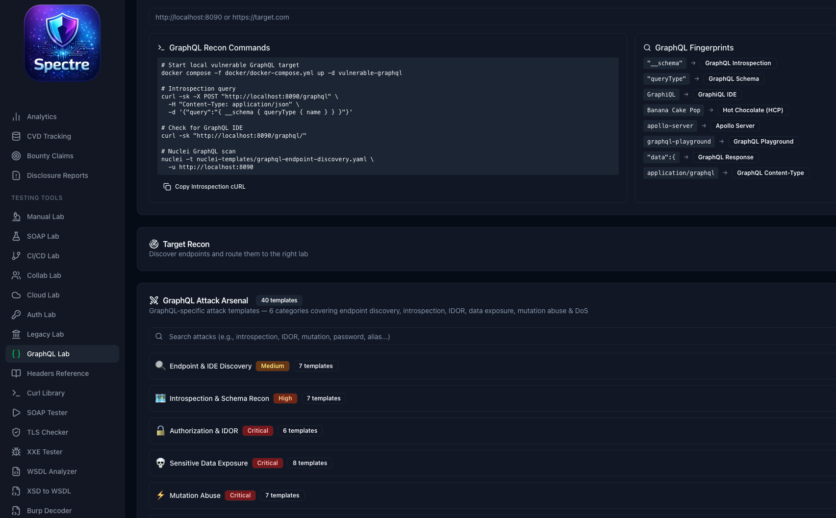 Spectre GraphQL Lab — 40 attack templates covering introspection, IDOR, data exposure and mutation abuse